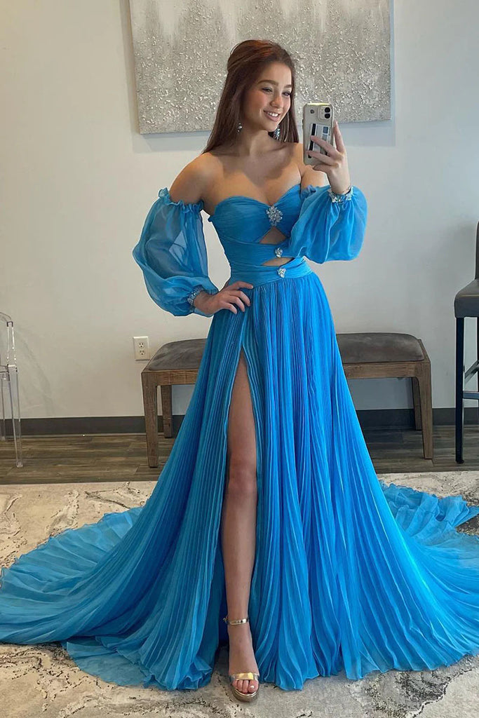 Romantic Off-Shoulder A-Line Chiffon Sweetheart Prom Formal Dresses DMP309