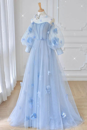 A Line Tulle Long Sleeves Prom Dresses, Light Blue Formal Evening Dresses DMP046