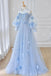 A Line Tulle Long Sleeves Prom Dresses, Light Blue Formal Evening Dresses DMP046