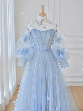A Line Tulle Long Sleeves Prom Dresses, Light Blue Formal Evening Dresses DMP046