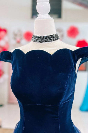 Elegant Navy Velvet Off-the-Shoulder Mermaid Long Prom Gown with Attached Train DM1895