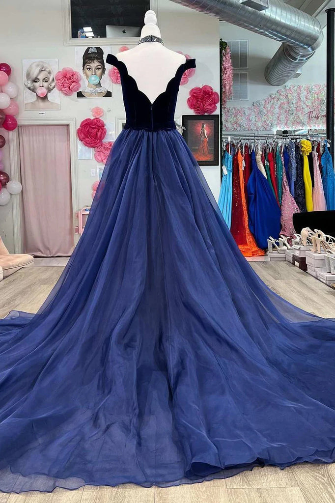 Elegant Navy Velvet Off-the-Shoulder Mermaid Long Prom Gown with Attached Train DM1895