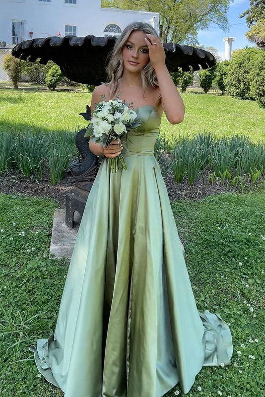 Cute A Line Sweetheart Sage Green Satin Long Prom Dresses Evening Gown DMP311