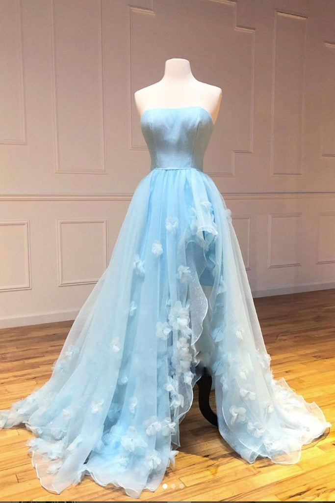 Sky Blue Strapless Tulle Long Prom Dress A Line Evening Dress With Slit DMS623