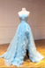 Sky Blue Strapless Tulle Long Prom Dress A Line Evening Dress With Slit DMS623