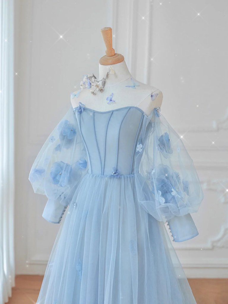 A Line Tulle Long Sleeves Prom Dresses, Light Blue Formal Evening Dresses DMP046
