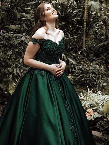 green sweet sixteen dresses Off Shoulder Dark Green A-line Long Evening Prom Dresses, Cheap Sweet 16 Dresses OKG41 – Demodresses