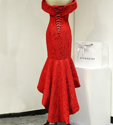 Red Long Lace Elegant Off Shoulder Mermaid High-Low Lace Up Prom Dresses DM484