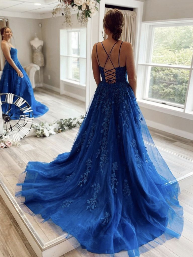 Royal Blue A Line Spaghetti Straps Long Prom Dresses, Appliques Tulle Evening Dresses DMP050