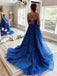 Royal Blue A Line Spaghetti Straps Long Prom Dresses, Appliques Tulle Evening Dresses DMP050