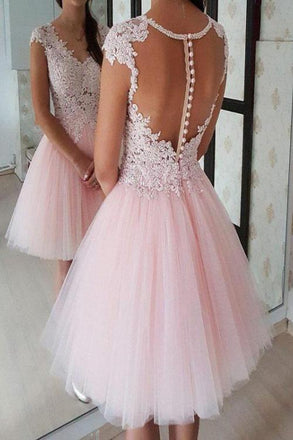 Pink V Neck Lace Appliques Homecoming Dress, A-Line Short Prom Dress DMO69