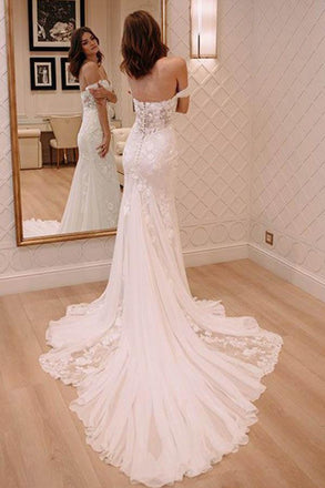 Princess Off Shoulder Court Train Chiffon Long Wedding Dress with Lace Appliques DMA51