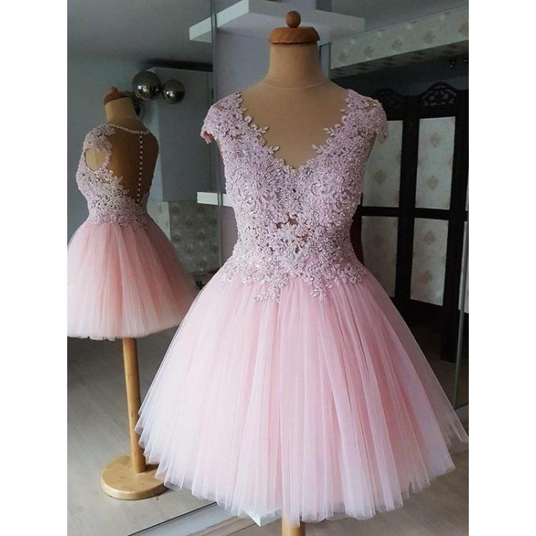 Pink V Neck Lace Appliques Homecoming Dress, A-Line Short Prom Dress DMO69