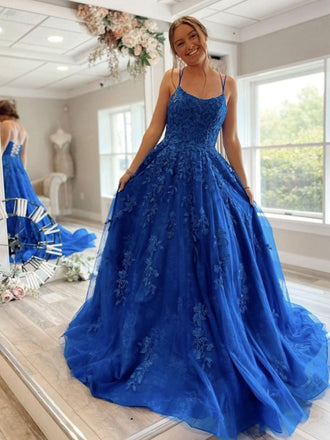 Royal Blue A Line Spaghetti Straps Long Prom Dresses, Appliques Tulle Evening Dresses DMP050