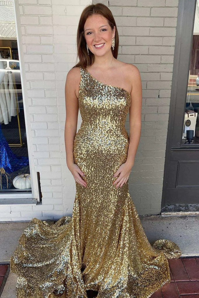 Gold Sequin One-Shoulder Mermaid Long Prom Dress Formal Evening Dresses DM1896