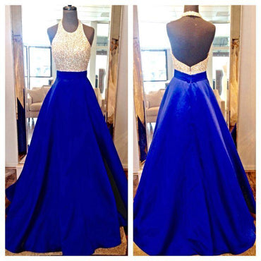 High Neck Royal Blue Long Prom Dresses,Bodice Beads Evening Prom Dress Ball Gown DME60