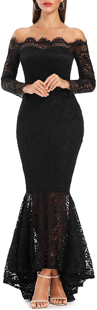 Mermaid Black Elegant Off the Shoulder Long Lace Long Sleeves Sexy Prom Dress DM141