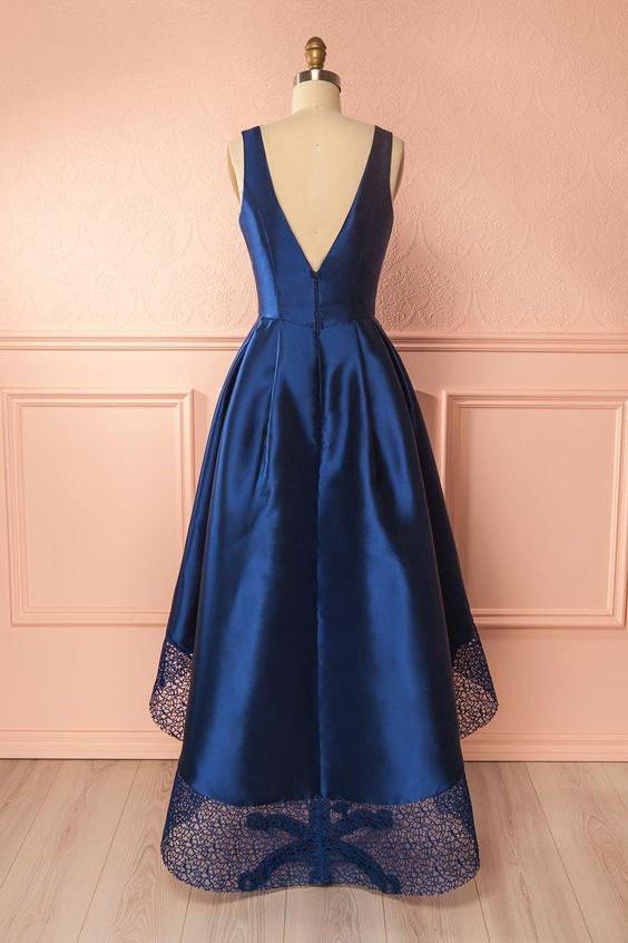 Dark Blue A Line Satin Lace V Neck High-low Bridesmaid Dress,Simple Prom Dresses DM239