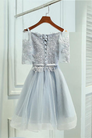 A-Line Off-the-Shoulder Short Half Sleeves Grey Tulle Homecoming/Prom Dress DM318