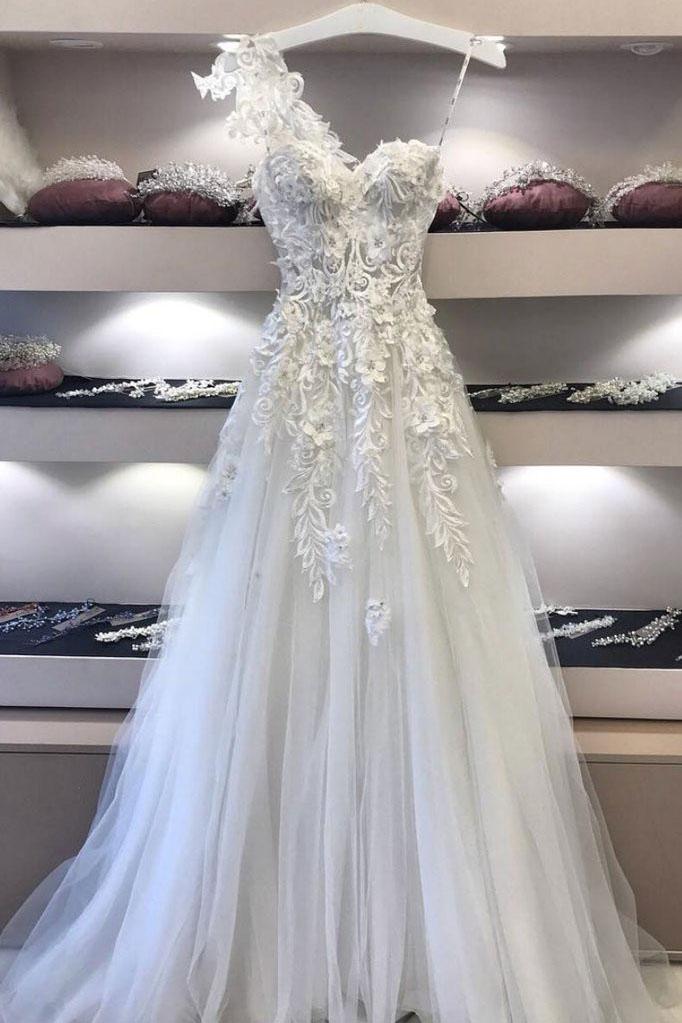 Sweetheart Lace Applique Long Prom Dress, Off White Evening Dress DME25