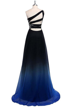 Ombre Chiffon A Line Sweep Train One Shoulder Sleeveless Beading Prom Dress DMA22