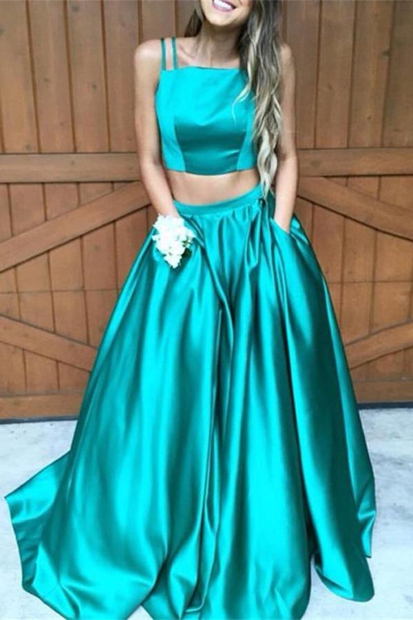 Plus Size Two Pieces Green Satin Long A-line Cheap Simple Modest Prom Dresses For Teens K764