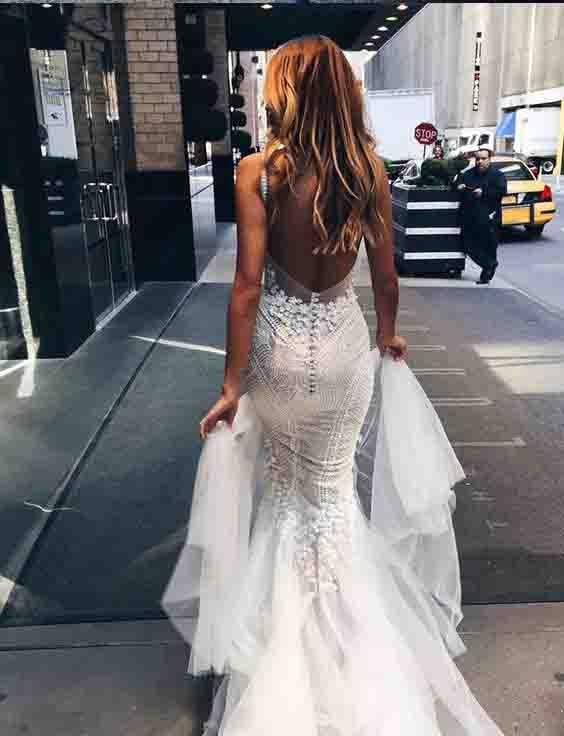 Sexy Mermaid Backless Long Tulle Wedding Dresses,White Beidal Dress stunning DM439