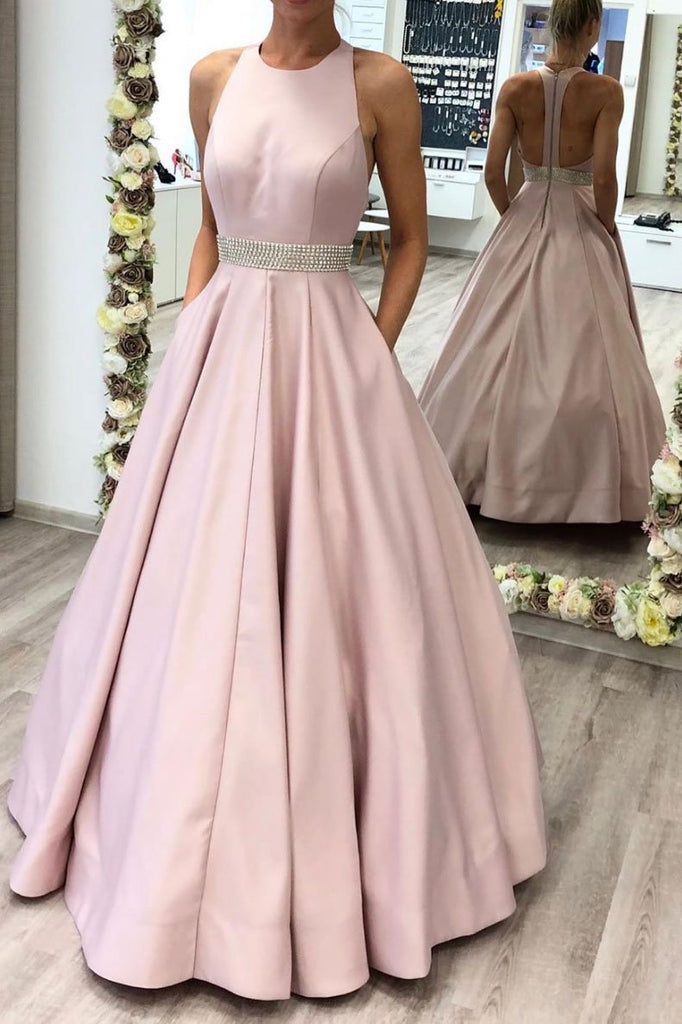 A Line Pink Beading Satin Long Prom Dress With Pockets DMS61