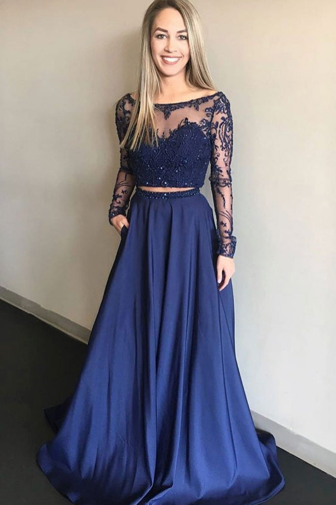 Royal Blue Two Pieces A Line Long Sleeves Appliques Prom Dress With Pockets DMP77