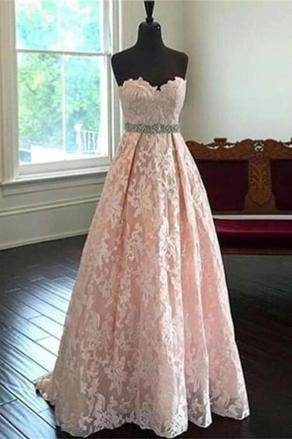 Sweetheart Lace Beading Long A-line Pink Handmade Cheap Prom Dresses K691