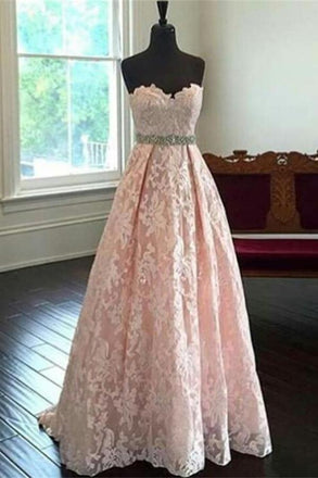 Sweetheart Lace Beading Long A-line Pink Handmade Cheap Prom Dresses K691