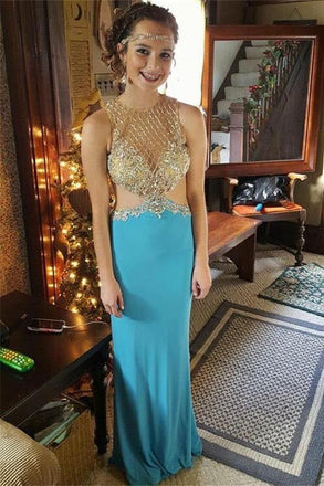Blue Long Elegant Beaded Sparkly Cute O-neckline Prom Dresses K706