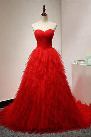 Red Sweetheart Lace Up Long Sweep Train Cheap A-line Prom Dresses K700