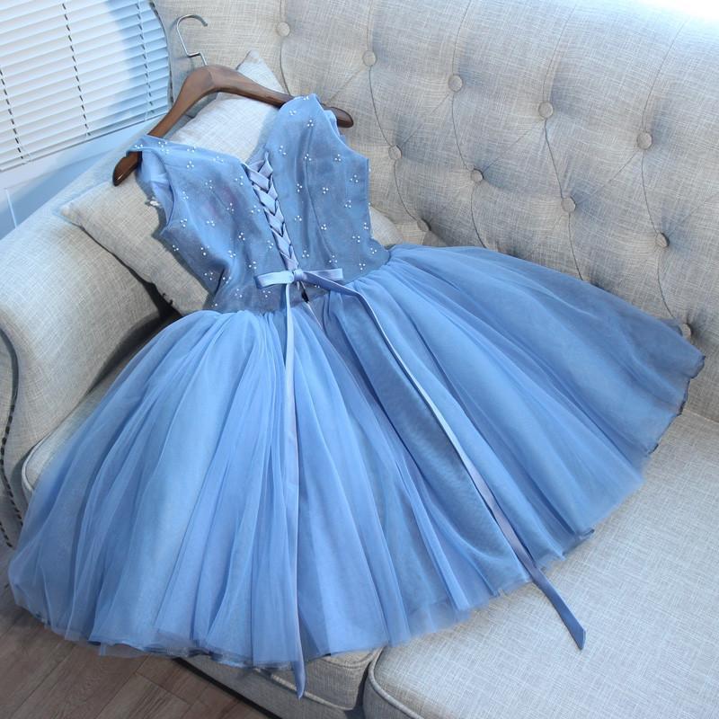 Blue Tulle A Line Lace Appliques Short Homecoming Dresses DMC51