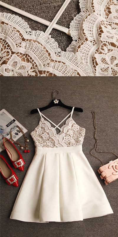 A-Line V-Neck Criss-Cross Straps Short Ivory Homecoming Dress with Lace Top DM324