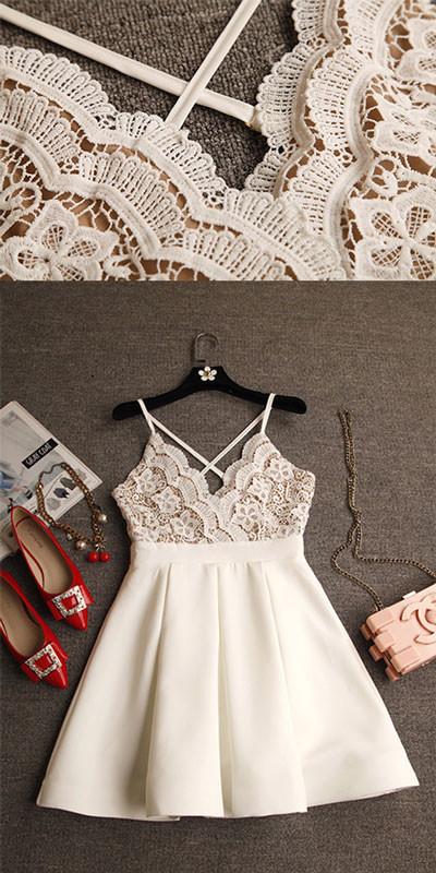 A-Line V-Neck Criss-Cross Straps Short Ivory Homecoming Dress with Lace Top DM324