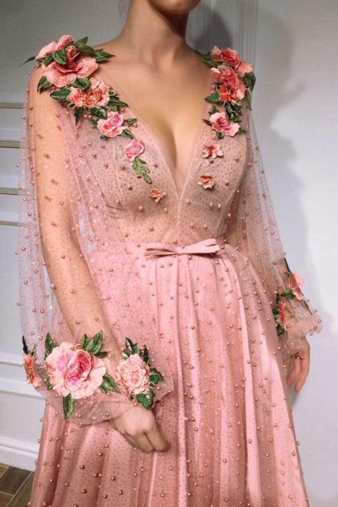 3D Flowers Long Sleeve Pink Prom Dresses Pearl Beaded V Neck Formal Dress DMI42