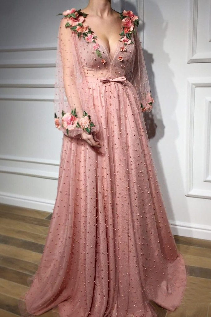3D Flowers Long Sleeve Pink Prom Dresses Pearl Beaded V Neck Formal Dress DMI42