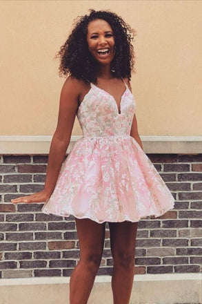 A Line Lace Pink Homecoming Dresses Spaghetti Straps Short School Event Dresses DM1037