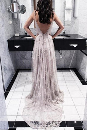 Charming A-Line Spaghetti Straps Backless Long Prom Dress with Appliques DMH38