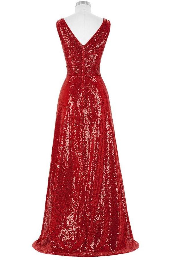 Red Sparkly V-neck Long A-line Backless Cheap Plus Size Prom Dresses K742