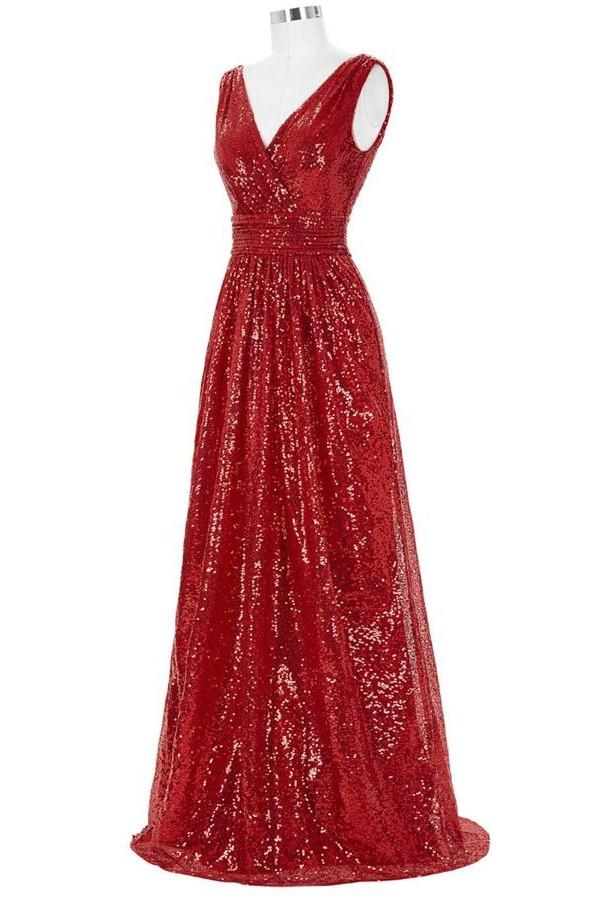 Red Sparkly V-neck Long A-line Backless Cheap Plus Size Prom Dresses K742