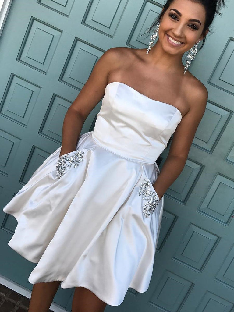 Simple A Line Strapless Short Homecoming Dress with Pockets DMO4