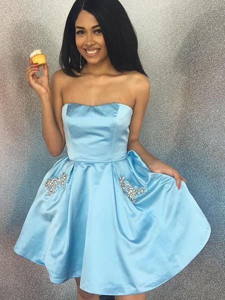 Simple A Line Strapless Short Homecoming Dress with Pockets DMO4
