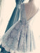 A-Line V-Neck Shprt Backless Light Blue Lace Cute Homecoming Dress with Belt DM257