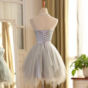 Cute A-line Scoop Gray Tulle Sleeveless Short Homecoming Dresses,Sweet 16 Dresses DM316