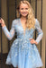 A Line Lace Appliqued Short Blue Homecoming Dress with Long Sleeves DMO29