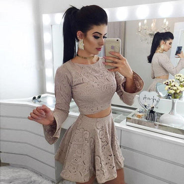 Two Piece A-Line Long Sleeves Lace Short Homecoming Dress DMM14