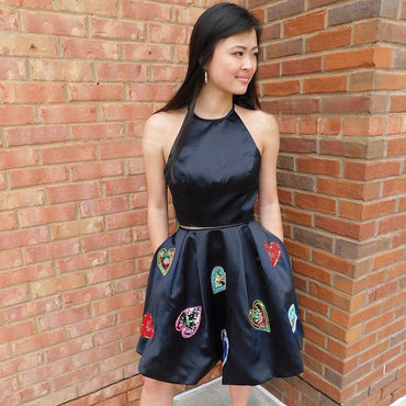 Two Piece Halter Backless  Black Homecoming Dress with Pockets DMM22