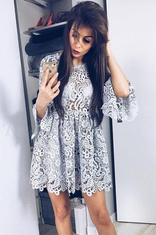 A-Line Crew Long Sleeve Above Knee Grey Lace Homecoming Dress DMD29